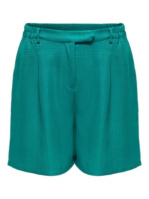 Shorts en mélange de lin bleu sarcelle avec ceinture élastique, passants pour ceinture et fermeture devant à crochet et barre.