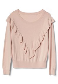 Rosa Pullover mit langen Ärmeln, geripptem Ausschnitt und dekorativen Rüschelementen entlang der Vorderseite in einem V-förmigen Design. Weiche Textur und taillierter Saum.