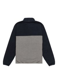 Fleece-pullov med en marinblå överdel och ljusgrå underdel. Hög krage och elastisk nederkant, med långa ärmar i matchande marinblå.