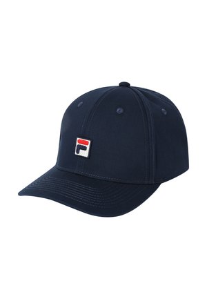 Casquette de baseball bleu marine avec une visière courbée et des panneaux cousus, ornée d'un petit patch logo rectangulaire en rouge, blanc et bleu sur le devant.