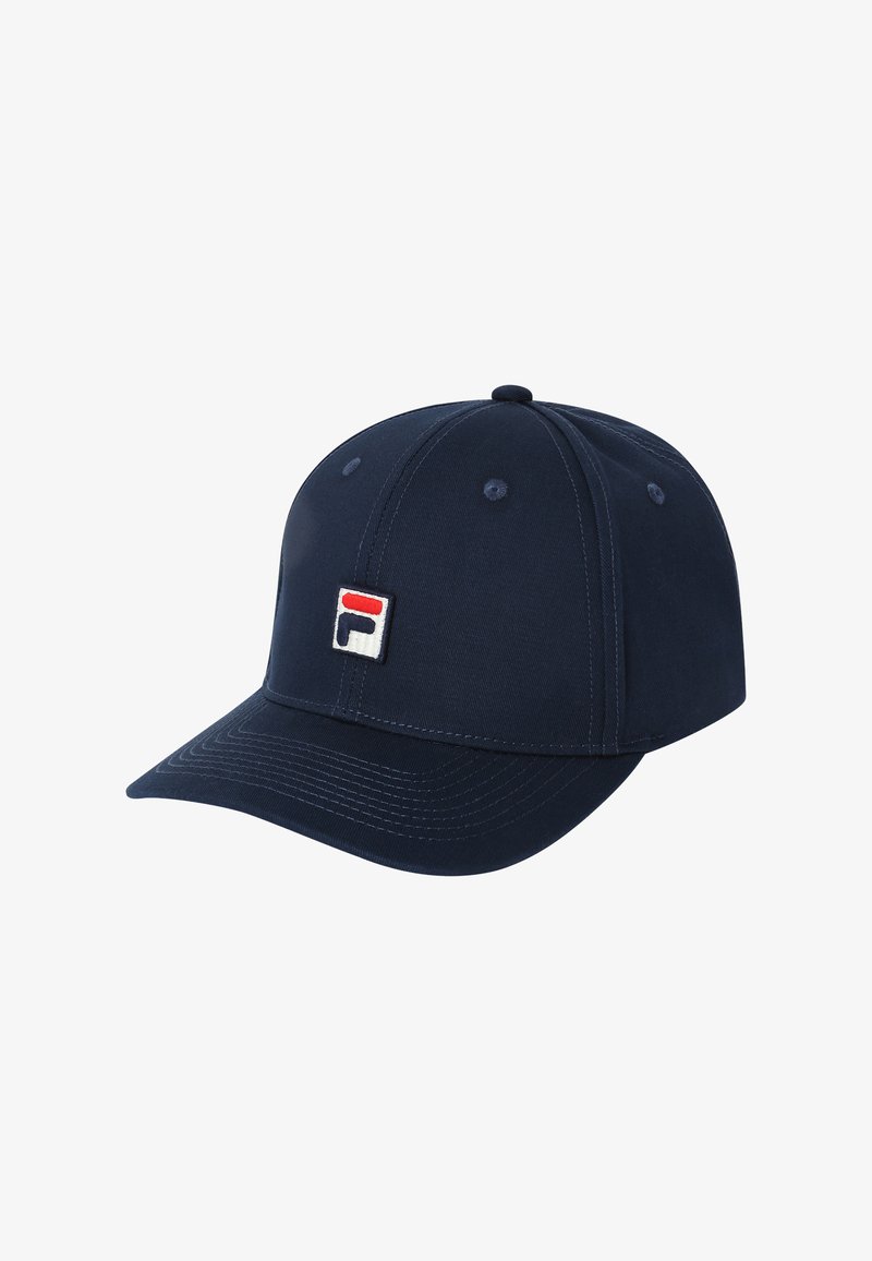 Casquette de baseball bleu marine avec une visière courbée et des panneaux cousus, ornée d'un petit patch logo rectangulaire en rouge, blanc et bleu sur le devant.