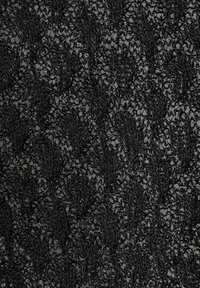 Tela de encaje negra con un patrón abierto e intrincado que presenta un diseño de hojas. La textura parece delicada y detallada, creando un efecto de capas.