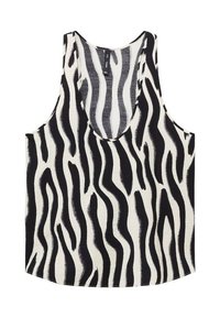 Zwart-witte tanktop met een ronde hals en een zebra-streep patroon. Gemaakt van lichte stof met een relaxte pasvorm en een afgeronde zoom.