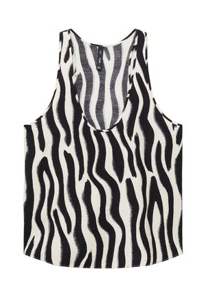 Black and white tank top with a scoop neckline and zebra stripe pattern. Made of lightweight fabric with a relaxed fit and curved hem.