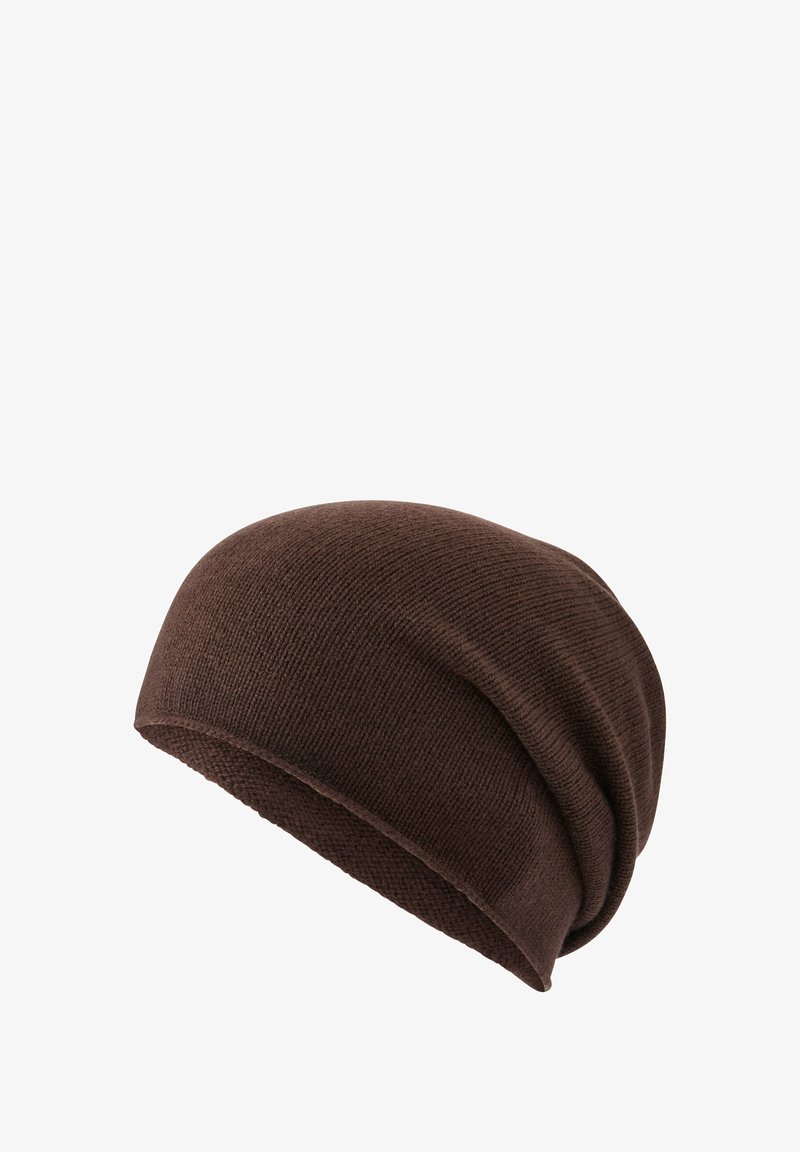 Berretto lavorato a maglia marrone con una texture morbida, caratterizzato da un design ampio e una vestibilità aderente alla base. Adatto per un abbigliamento casual.