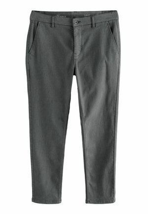 Slim-fit pants in dark gray cotton blend, featuring belt loops, front pockets, and a button closure. Smooth texture with minimal detailing.