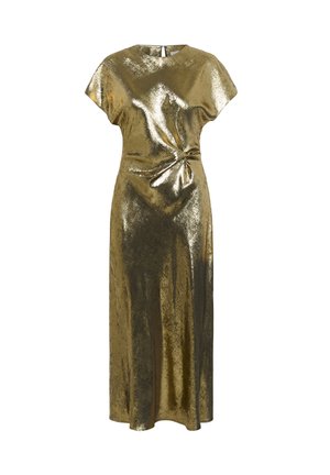 Abito midi metallico oro con maniche corte, scollatura rotonda e dettaglio annodato in vita per una silhouette aderente.