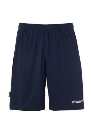 Marineblauwe sportshorts gemaakt van zachte, lichtgewicht stof. Voorzien van een elastische tailleband en een wit "uhlsport" logo aan de rechter onderzijde.