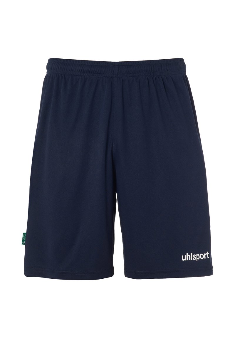 Marineblauwe sportshorts gemaakt van zachte, lichtgewicht stof. Voorzien van een elastische tailleband en een wit "uhlsport" logo aan de rechter onderzijde.