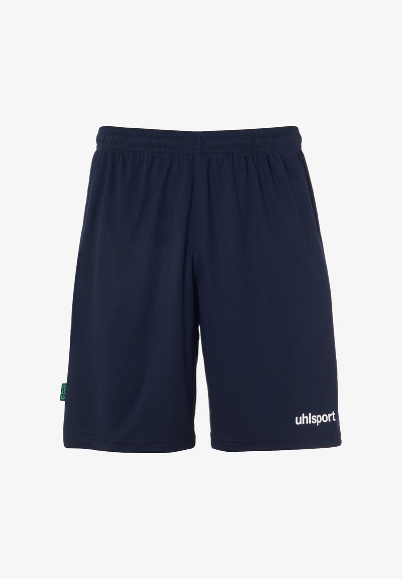 Shorts de sport navy en tissu léger et doux. Dotés d'une taille élastique et du logo blanc "uhlsport" en bas à droite.
