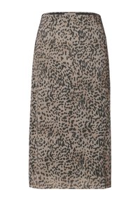 Sukně ve stylu leopardího vzoru v béžových a hnědých tónech, hladká látka, délka do kolen, přiléhavý střih, jemný lesk, elastický pas.