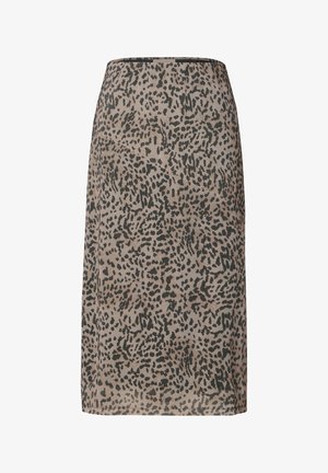 Gonna a tubino con stampa leopardo in toni beigi e marroni, tessuto liscio, lunghezza al ginocchio, design aderente, leggero lucido, cintura elastica.