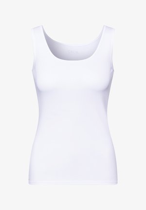 White tank top with a rounded neckline and thick straps. Made from smooth, stretchable fabric, featuring a fitted silhouette.