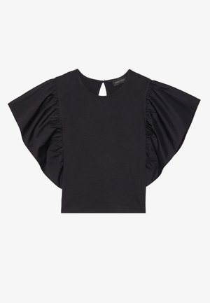 Haut noir à manches courtes avec des manches à volants spectaculaires, un col rond et un détail en forme de clé à l'arrière. Matière douce.