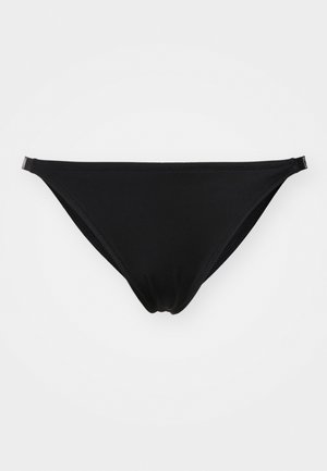 Schwarzer Bikiniunterteil aus glattem, dehnbarem Stoff. Merkmale ein minimalistisches Design und seitliche Verschlussbeschläge. Tailliert geschnitten mit nahtlosen Kanten.