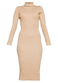 Abito midi lavorato a maglia beige con silhouette aderente, maniche lunghe e colletto alto. Presenta una texture a coste su tutta la superficie.