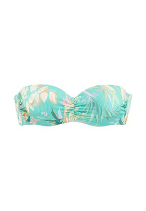 Bikini top in turquoise with floral patterns in pink and green. Features gathered sides and a strapless design. Textured fabric.