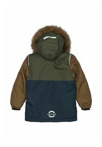 Zelená, hnědá a námořnicky modrá bunda s kapucí lemovanou kožešinou, elastickými manžetami a reflexními detaily. Na spodní části zad je logo.