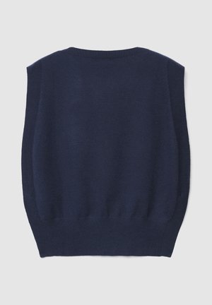 Marineblauer ärmelloser Pullover mit rundem Ausschnitt. Weiches, strukturiertes Strickmaterial und gerippter Saum unten mit seitlichen Öffnungen.