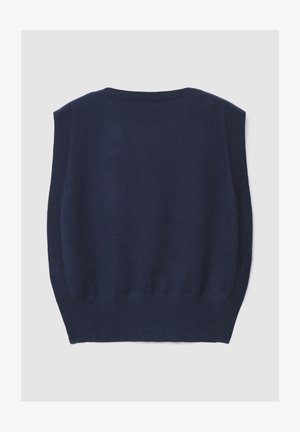 Maglione smanicato blu navy con scollo rotondo. Materiale lavorato a maglia morbido e strutturato e orlo a coste in fondo, con aperture laterali.