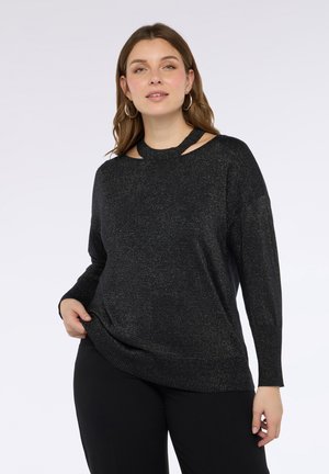 Schwarzer Glitzerpullover mit langen Ärmeln, verfügt über einen Ausschnitt mit Cut-Out, gerippten Saum und eine lässige Passform. Das Material hat einen subtilen Schimmer.