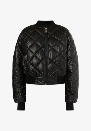 Schwarze, gesteppt Bomberjacke mit einem Frontreißverschluss, gerippten schwarzen Bündchen und einem hohen Kragen. Hergestellt aus glänzendem Synthetikmaterial.