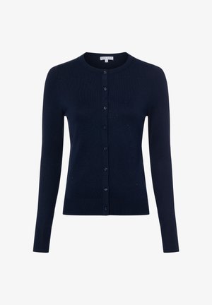 Marineblauer Cardigan aus Strickstoff, mit rundem Ausschnitt, langen Ärmeln und Knopfverschluss sowie kleinen, dezenten Strukturelementen.