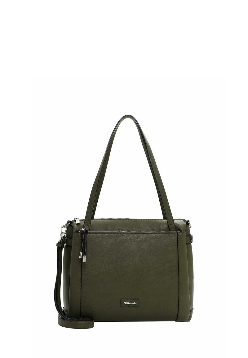 Groene leren handtas met dubbele handvatten, een afneembare schouderriem, ritssluiting en metalen hardwareaccenten. Gladde textuur met minimale details.
