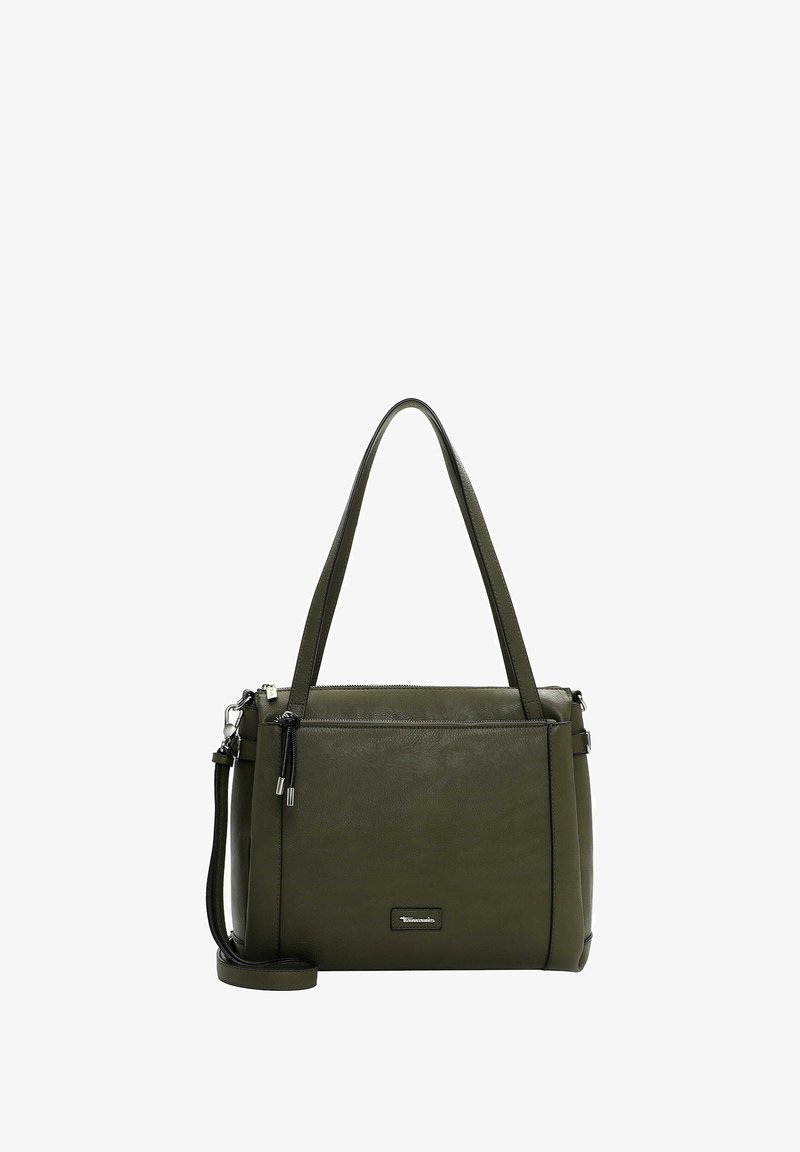 Green leather handbag with dual handles, removable shoulder strap, zip closure, and metal hardware accents. Smooth texture with minimal detailing.