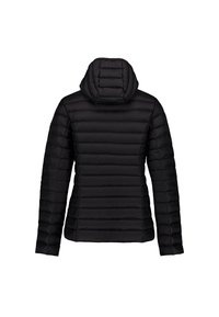 Schwarze gesteppt gesteppte Daunenjacke mit Kapuze, langen Ärmeln und horizontalen Steppmuster, von hinten auf weißem Hintergrund gezeigt.