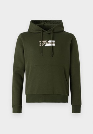 Olive green hoodie made of soft fabric, featuring a front kangaroo pocket, ribbed cuffs, and drawstrings with a white logo on the chest.
