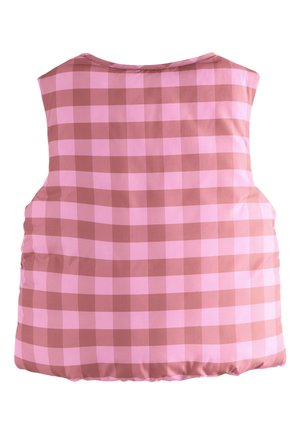 Veste sans manches à carreaux roses et marron, avec un col arrondi, un tissu texturé et une silhouette légèrement bouffante.