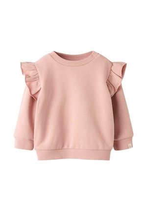 Blød pink børnesweater med lange ærmer og flæse detaljer på skuldrene, ribbet krave, manchetter og kant.
