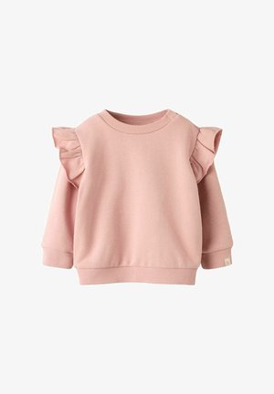 Suéter infantil de color rosa suave, con mangas largas y detalles de hombros con volantes, cuello, puños y dobladillo de canalé.