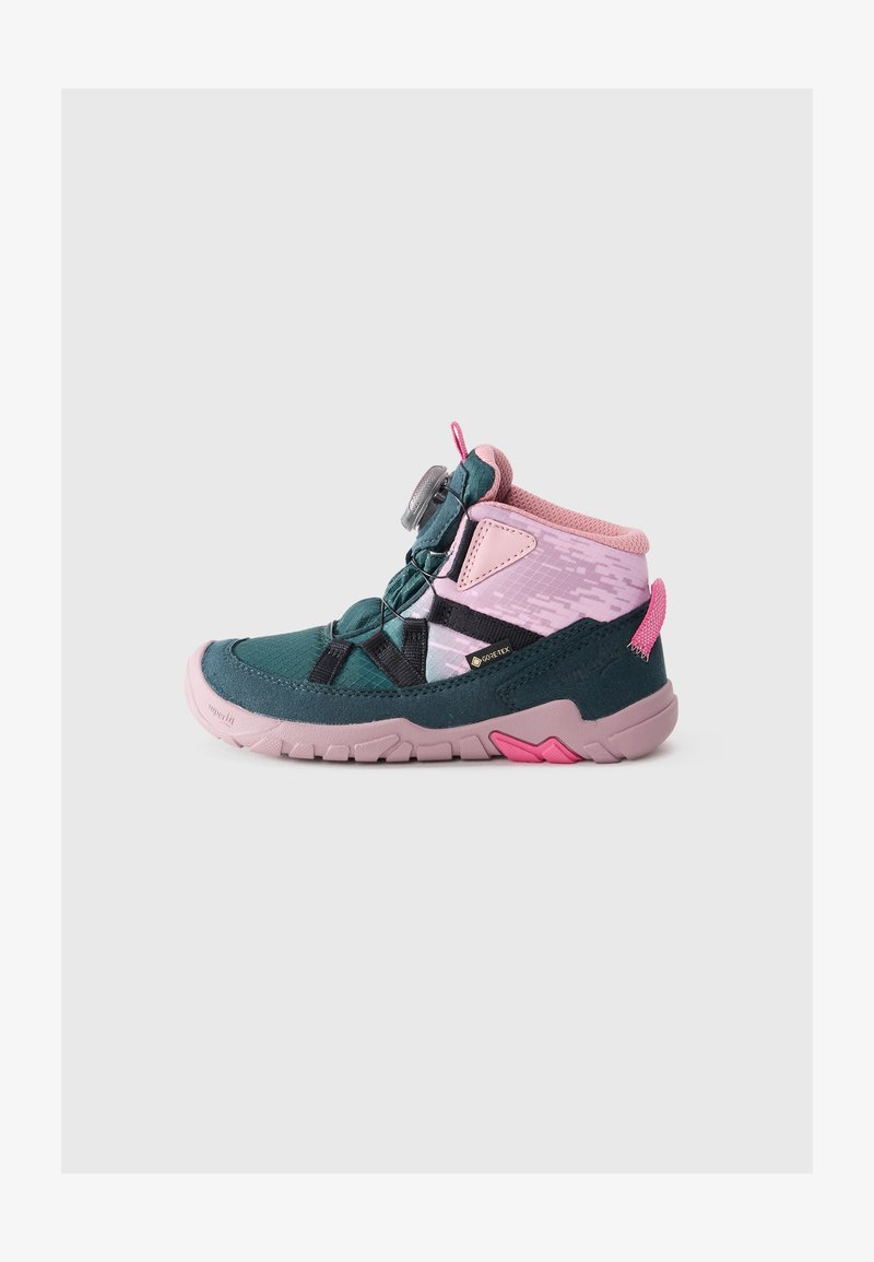 Mid-height waterproof shoe featuring pink and teal fabric, textured materials, elastic laces, and a grey dial for adjustment.