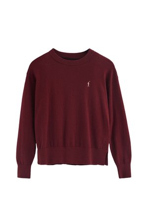 Bordeaux gebreide sweater met lange mouwen, ronde hals en geribbelde zoom. Bevat een klein logo op de borst, textiel met structuur.