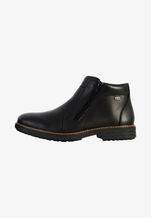Schwarze Leder-Ankle-Boots mit glatter Textur, seitlichem Reißverschluss und kontrastierendem genähtem Rahmen. Dicke Gummisohle für besseren Halt.