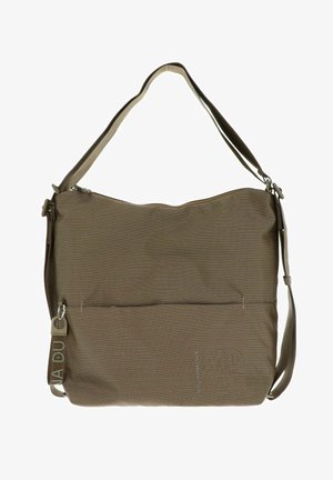 Sac à épaule texturé marron avec une large sangle réglable, poche zippée à l'avant et détail en anneau en argent sur le côté.