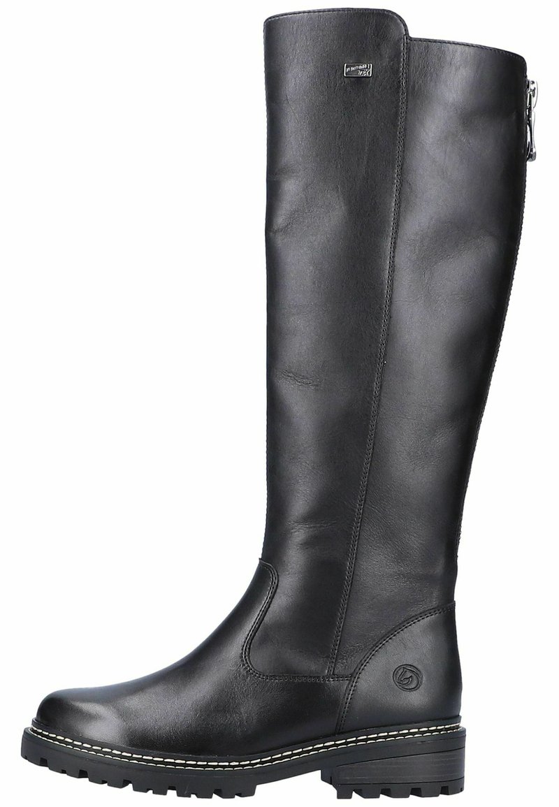 Botte noire en cuir montante avec un bout arrondi, surface texturée, fermeture éclair sur le côté, couture contrastante et semelle en caoutchouc robuste avec adhérence.