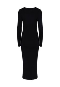 Robe midi noire en maille côtelée à manches longues, col rond, silhouette ajustée et petites fentes latérales à l'ourlet, vue de dos.