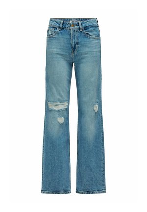 Blauwe spijkerbroek met een hoge taille, rechte pijpen en versleten patches op de linker dij en rechter knie.