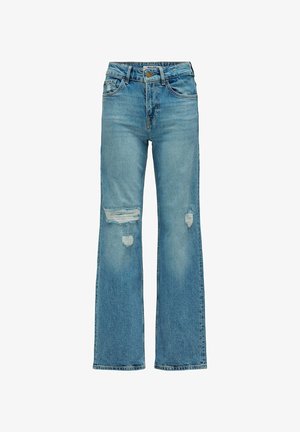 Pantalones vaqueros azules de mezclilla con cintura alta, corte recto y parches desgastados en el muslo izquierdo y la zona de la rodilla derecha.