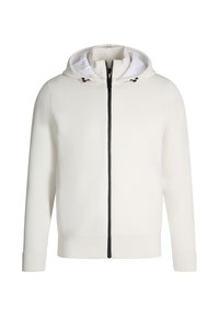 Weiße Zip-Hoodie mit strukturierter Stoff, schwarzem Reißverschluss und schwarzen Kordeln. Enthält eine weiße Innenseite der Kapuze. Slim Fit, lange Ärmel.
