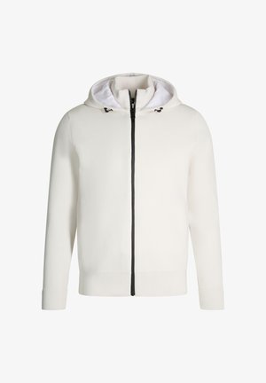 Weiße Zip-Hoodie mit strukturierter Stoff, schwarzem Reißverschluss und schwarzen Kordeln. Enthält eine weiße Innenseite der Kapuze. Slim Fit, lange Ärmel.