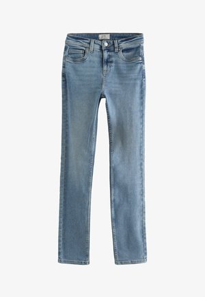 Jeans blue slim-fit realizzati in denim. Presentano cinque tasche, una chiusura frontale con zip e bottone, e una leggera lavatura sbiadita.