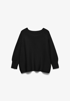 Pull noir côtelé avec un large décolleté, des manches longues et une coupe décontractée. Le tissu présente une surface texturée et une finition lisse et extensible.