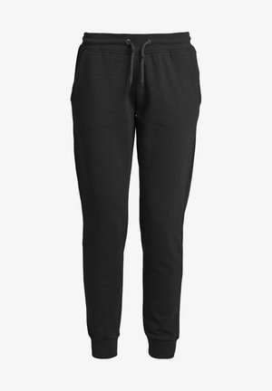 Pantalones de chándal negros confeccionados en una mezcla de algodón, con cintura elástica y cordón ajustable, bolsillos laterales y puños ajustados.