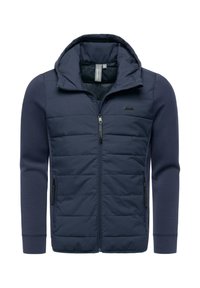 Laivaston sininen takki, jossa on toppaettu etuosa ja pehmeät hihat, huppu, vetoketjullinen suljenta sekä sivutaskut. Rintakehyksessä erottuva teksturoitu paneeli.