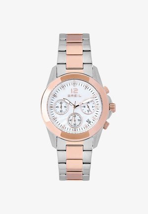 Montre en métal argenté et or rose avec un cadran en nacre blanche, trois sous-cadrans et une fenêtre de date. Elle présente un design de bracelet lié.