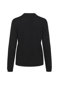 Maglione nero a maniche lunghe con colletto, visto da dietro, su uno sfondo bianco.